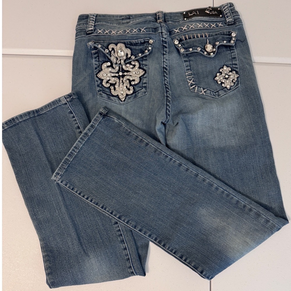 LA Idol USA Rhinestone Cross Bootcut Jeans‎ Medium Wash Y2K McBling Size 13 bb